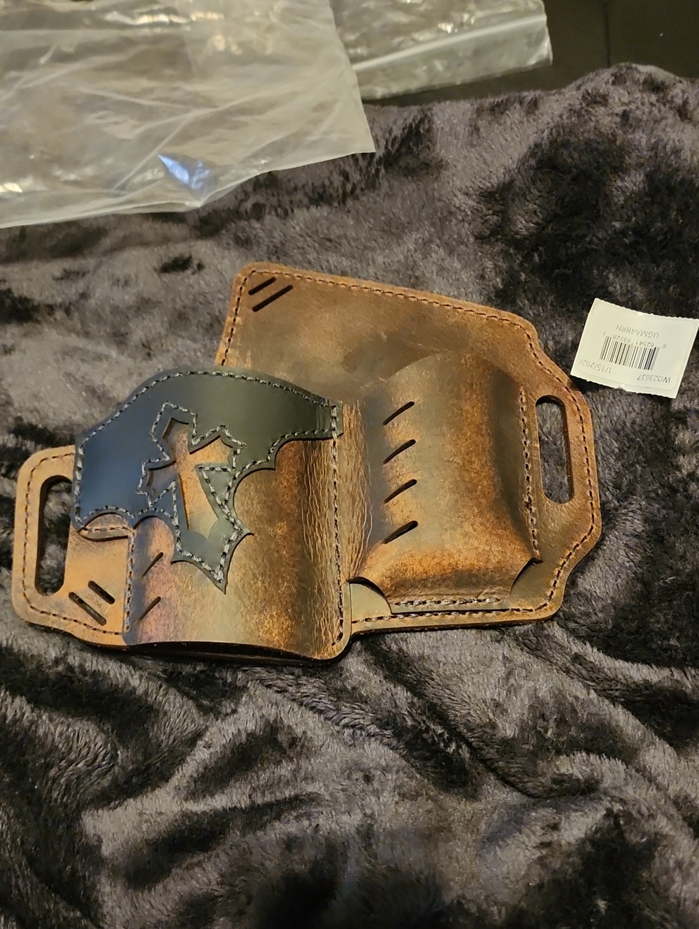 Brown Leather Men's Belt Holster with Black Cross Inlay